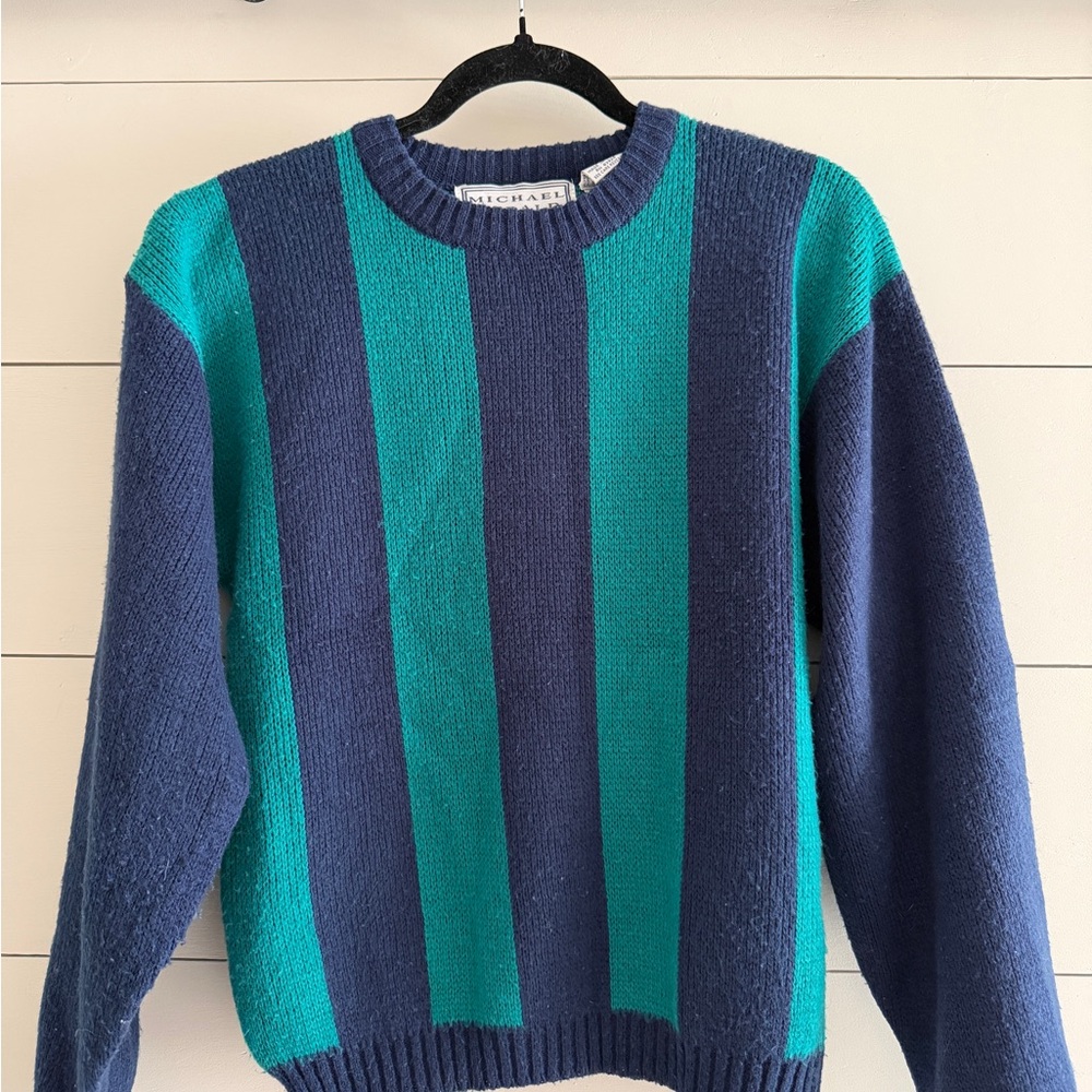 Striped Crew Neck Sweater - Navy and Teal